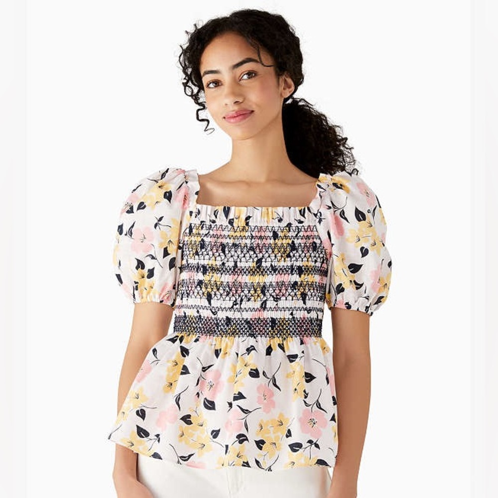 Kate Spade Lily Blooms Puff-sleeve Top